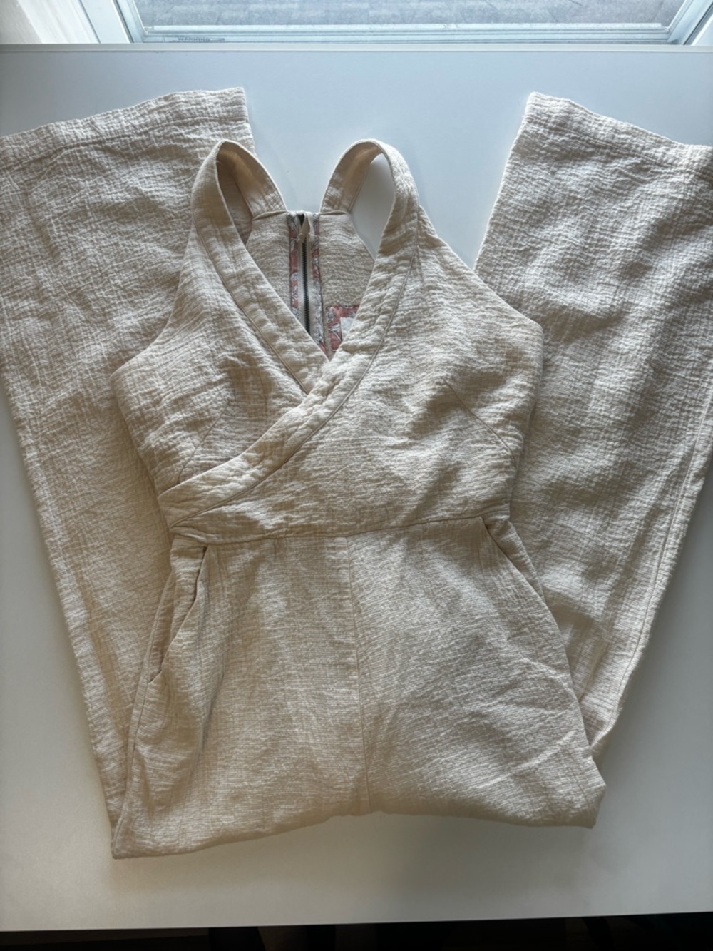 Anthropologie Demi Cream Textured Jumpsuit Cotton Minimalist Natural Comfy